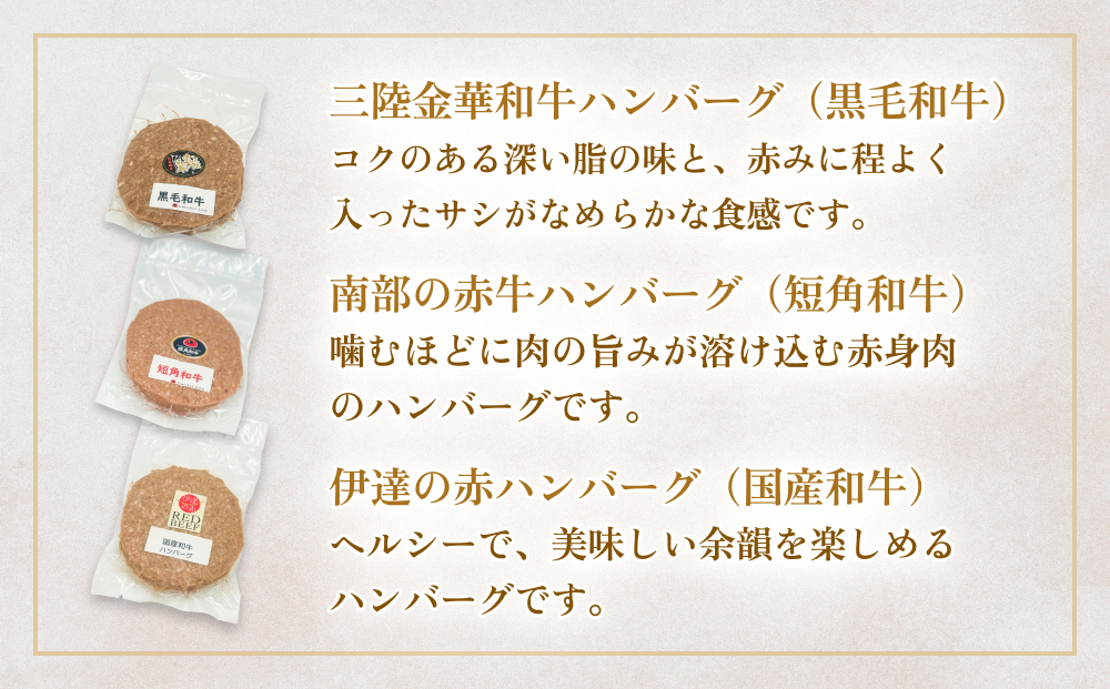 黒毛和牛 三陸金華和牛 南部の赤牛 伊達の赤 和牛ハンバーグ 3種 各200g×3 食べ比べ セット　お肉 ひき肉 挽肉 おかず 冷凍