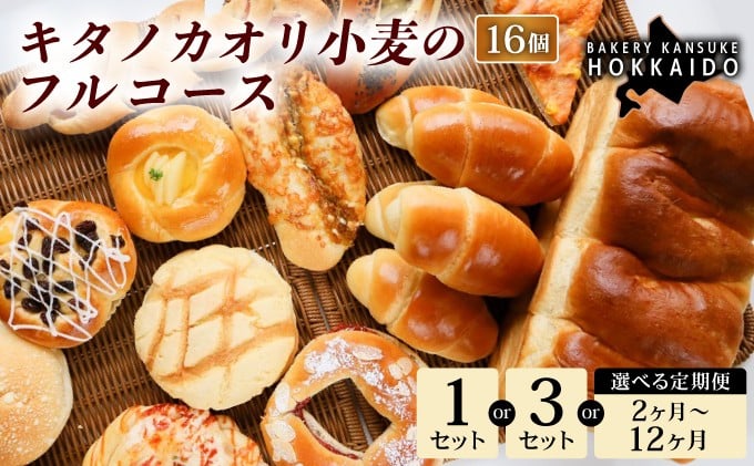 
            【人気パンの福袋】『キタノカオリ小麦のフルコース』食パン1本・ロールパン5個・キタノカオリ小麦のおまかせパン10個 (計16個) 1セット～3セット / 【定期便】全2回～12回 ｜プレミアム小麦キタノカオリ100％ パン ぱん 食パン パン屋 自家製 朝食 おやつ [a116-027-sku]
          
