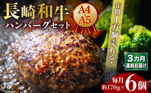 【3回定期便】長崎和牛 ハンバーグセット 約170g×6個 【年間1万個売れる！】A4-A5 長与町/meat shop FUKU [ECS006] 国産 牛肉100% ハンバーグ はんばーぐ A5 A4 調理済み 冷凍 定期便 定期 ていきびん