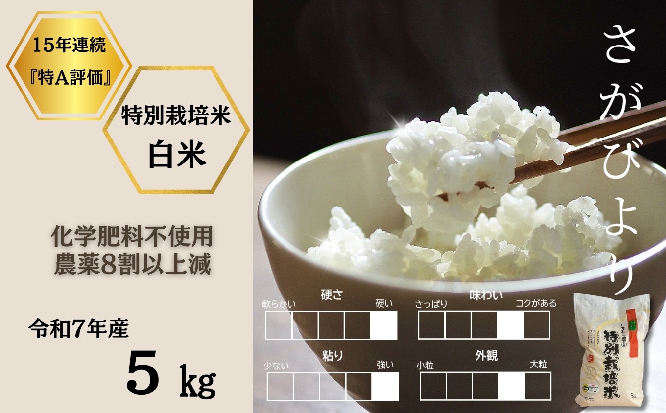 
                  ＜令和7年産＞佐賀県産特別栽培米さがびより 白米5kg（化学肥料不使用・農薬8割以上減） / 佐賀県 /株式会社しもむら農園  [41AHAH003]
                