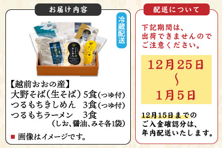 越前大野産 石臼挽き 越前そば 生そば5食 ＋ きしめん＆ラーメン各3食（つゆ、スープ付）｜名水 生麺