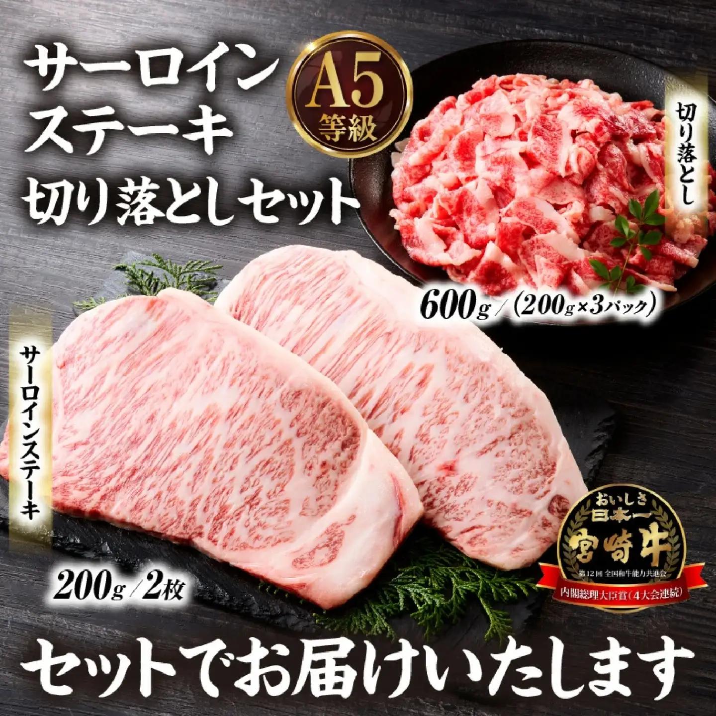 【A5等級宮崎牛】サーロインステーキ・切り落としセット計1kg（小林市産 牛肉 和牛 特選 贅沢 厳選和牛 ブランド牛 ギフト 贈答）