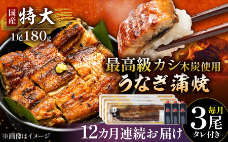 【12回定期便】 国産 うなぎ 本格炭火焼 蒲焼 3尾（140g×2 / 特大180g×1） /炭火焼古賀 [UDH016] 手焼きうなぎ 特大うなぎ 蒲焼うなぎ うなぎ3尾 うなぎ計36尾 冷凍うな