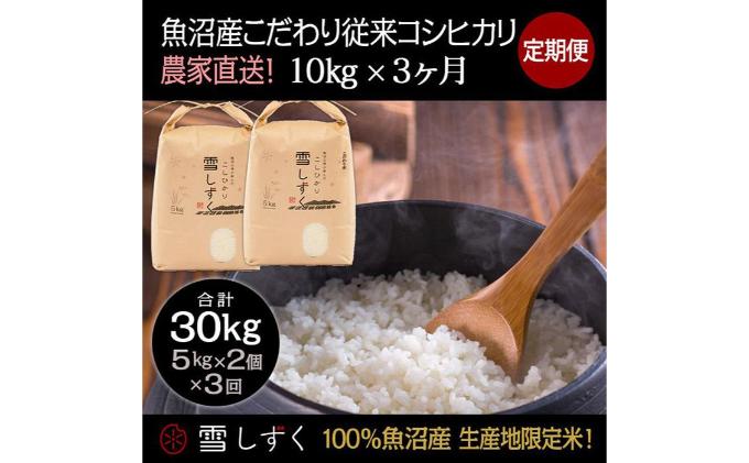 【令和7年産】定期便！魚沼産こだわり従来コシヒカリ【合計30kg】毎月10kg×3回 ブランド米 銘柄米 白米 精米 ご飯 おにぎり お弁当 