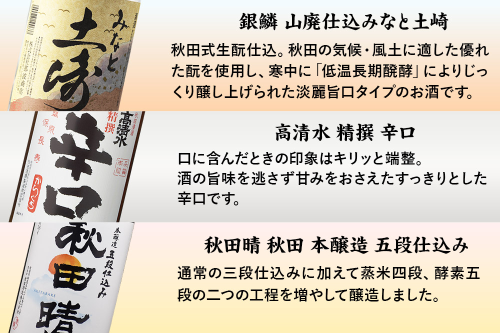 秋田市蔵元呑みくらべセット　高清水・秋田晴・銀鱗 1.8L×各1本 秋田県酒類卸