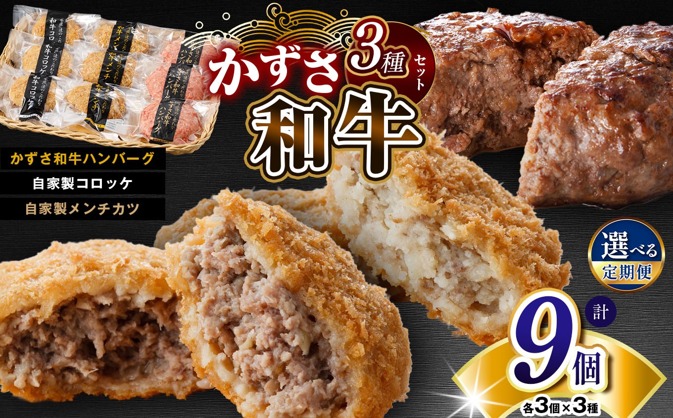 
            【 選べる回数 】 肉総菜 3種セット 詰合せ 各3個 合計9個（和牛 コロッケ・和牛 メンチ・かずさ和牛 ハンバーグ） 国産 和牛 お肉屋さんの手作り 定期便 3回 6回 | かずさ和牛工房 上総和牛メディアで紹介される人気店！ ジャパンフードセレクション 金賞 肉専門店 牛肉 牛 肉 にく 国産 メンチカツ お惣菜 セット おつまみ 揚げ物 オススメ 千葉県 君津市 きみつ 【AKMKH-3】
          