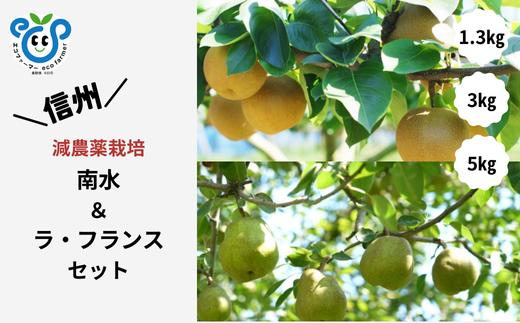
            【信州松川町産】 南水梨＆ラ・フランス 和梨と洋梨2種セット 約1.3kg～約5kg ／ 10月下旬発送開始予定 / 長野県 南信州  減農薬栽培 和梨 なし ナシ 南水 洋梨 ラフランス エコファーマー認証 農家支援 HF
          