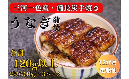 うなぎ 三河一色産 備長炭手焼き 蒲焼 うなぎ【2切れ×3パック】【定期便12ヶ月】