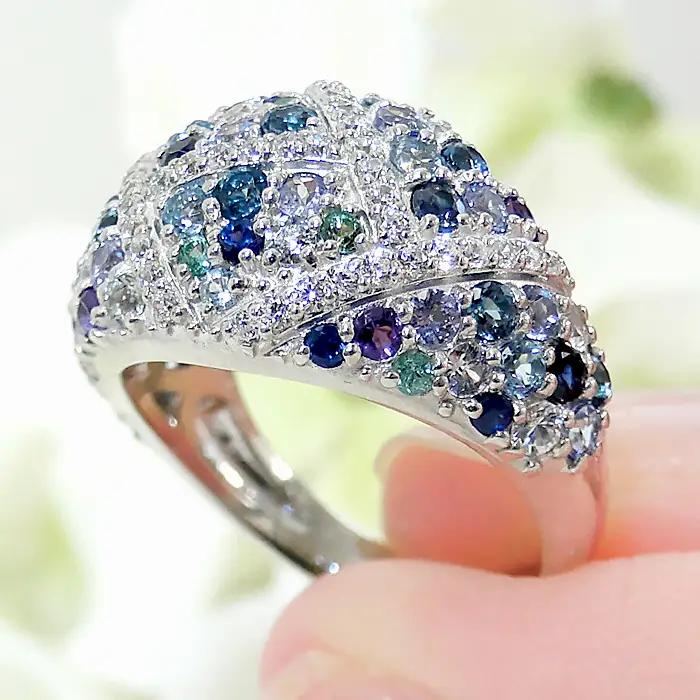 指輪 プラチナ リング PT900 ダイヤモンド 0.3ct パヴェ マルチカラー 青系 レディース ゴージャス ボリューム 幅広 贅沢 Pave ステンドグラス ジュエリー 【f295-b-pt】A