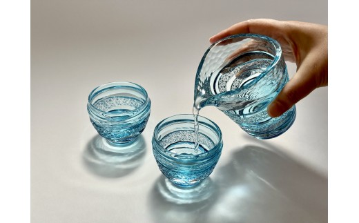 江戸切子「清流」酒器揃 (ぐい呑み2個と片口1個)