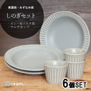 【美濃焼(みずなみ焼)】しのぎカレー皿＆カップ各3個 (くすみグレー)　6個セット【1381185】