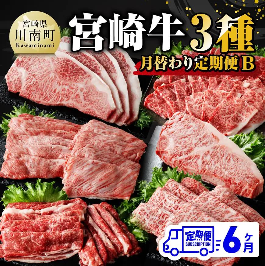 【 6ヶ月定期便 】 宮崎牛 3種 月替わり 定期便B 全6回【 肉 牛肉 国産 宮崎県産 A4～A5等級 宮崎牛 黒毛和牛 和牛 焼肉 しゃぶしゃぶ すきしゃぶ 焼しゃぶ ステーキ 】