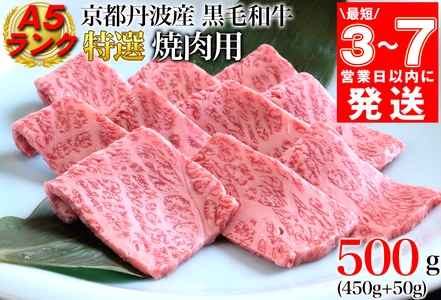 訳あり 京都産黒毛和牛 特選 A5ランク 焼肉 用 500g(通常450g+50g) 京の肉 ひら山 厳選《緊急支援 和牛 牛肉 京都肉 国産 丹波産 冷凍 ふるさと納税牛肉》※2024年3月中に発送