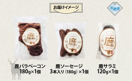 野生100％ 鹿加工肉 3種 セット ベーコン サラミ ソーセージ  燻製 黒コショウ ヘルシー 鉄分豊富 鹿バラベーコン 鹿ソーセージ 鹿サラミ エゾシカ 蝦夷鹿 鹿肉 ジビエ おつまみ 北海道 陸