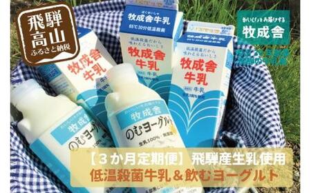 【 3ヶ月 定期便 】飛騨の牛乳屋こだわり 牛乳 3本 飲むヨーグルト 2本 セット 低温殺菌 無添加 牧成舎 飛騨高山