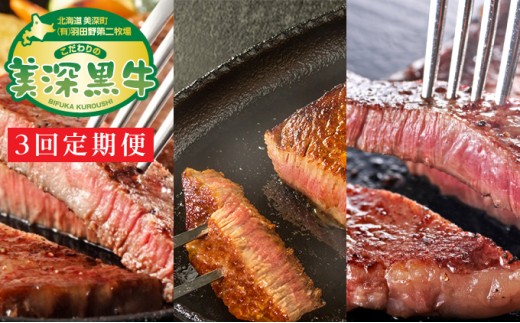 
[№5894-0373]北海道産 黒牛ステーキ3種定期便（リブロース180g×4・ヒレ150g×4・サーロイン180g×4）【こだわりの美深黒牛】
