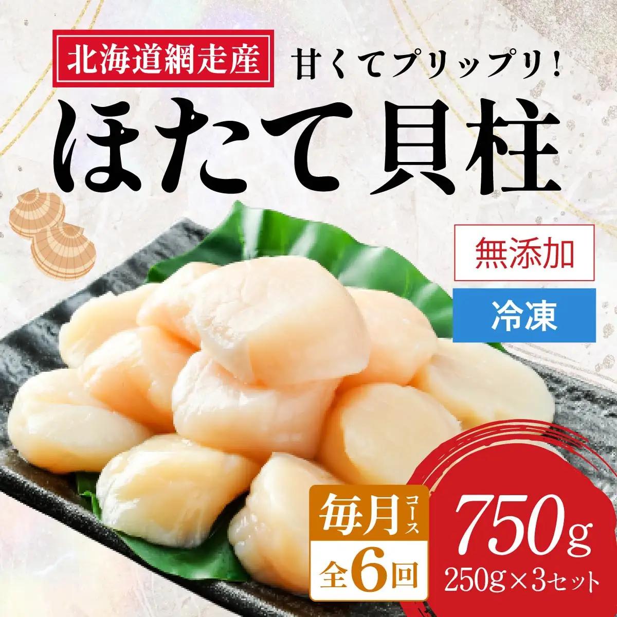 【定期便全6回（毎月）】網走前浜産 無添加ホタテ貝柱750g（250g×3袋） ABAI035 | ホタテ