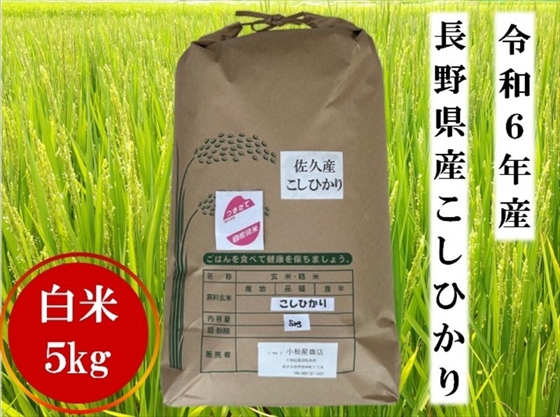 
            【令和6年産】長野県佐久平産　こしひかり・白米5kg　（北海道・沖縄・離島は配送不可）【米 コメ 白米 精米 お米 こめ おこめ 備蓄品 仕送り おすそ分け 備蓄米 コシヒカリ こしひかり 長野県 佐久市 】
          
