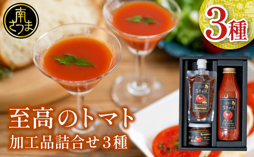 
                  至高のトマト加工品詰合せ ［3種類］ 南国 フルーツトマト100%使用 薩摩甘照 さつまあまてらす トマトジュース トマトケチャップ 濃厚 コク 甘み 天然素材 とまと 野菜 飲料 ドリンク ギフト 贈り物 贈答用 化粧箱入り 高槻電器工業 南さつま市
                