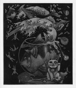 銅版画　～大きくなりすぎた金魚～　（額縁入り）【148】