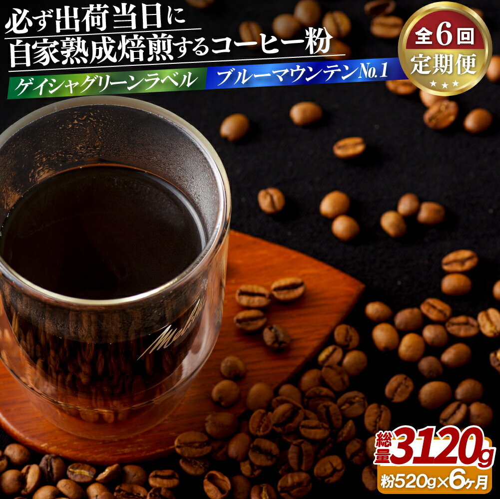 【ふるさと納税】必ず出荷日に自家熟成焙煎ゲイシャ粉(320g)・ブルーマウンテンNo.1粉(200g)【6回定期便】 120000円