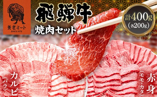 
                  飛騨牛 焼肉セット 400g 焼肉 BBQ 牛肉 和牛 肉 霜降り バラカルビ 赤身 モモ カタ 詰め合わせ ギフト 御祝 内祝 2人前 大容量 岐阜県 坂祝町 養老ミート F6M-393
                