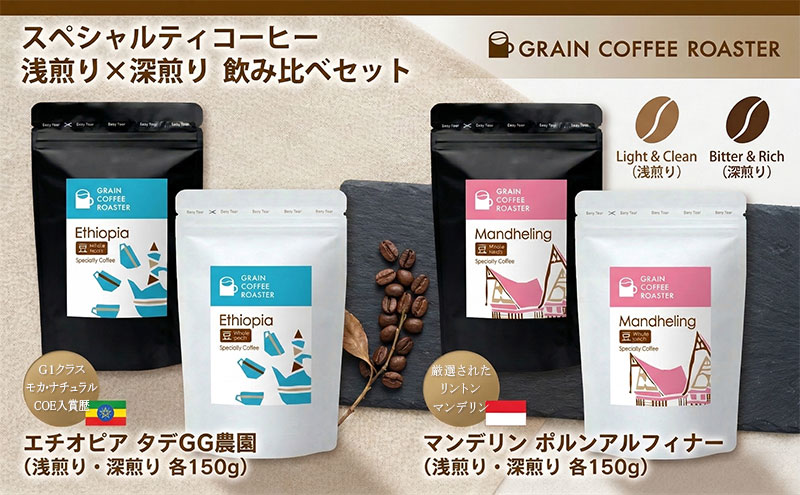 【ふるさと納税】スペシャルティコーヒー2種4品飲み比べ [豆]　 スッキリ 軽め 浅煎焙煎 しっかりした飲み応え 深煎焙煎 スペシャルティコーヒー