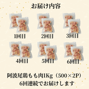 【定期便6回】鶏肉 阿波尾鶏 もも肉1kg (500g×2P) 小分け 毎月 便利 鶏肉 徳島 地鶏 とり肉 ブランド 唐揚げ チキン チキン南蛮 チキンカレー チキンステーキ 鍋 水炊き もも肉 小