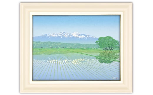 【ふるさと納税】版画 小暮真望作品 ＜爽気 鳥海山＞ クリーム額 | 額付 小川手漉和紙 日本版画会 芸術 美術 風景 自然 バージョン 美しい ギャラリー アーティスト アート ART 芸術 デザイン インテリア 絵画 限定版 芸術品 オリジナル 山形県 遊佐町