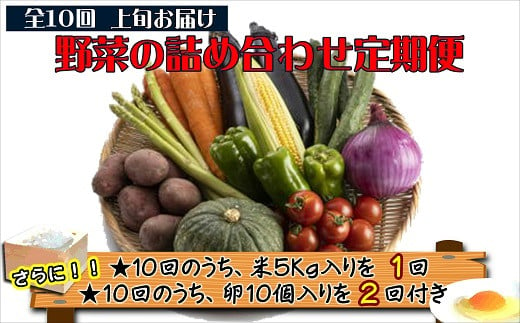 
            米5kgと卵20個付き！野菜の詰め合わせ定期便10回(上旬)【定期便】【J0-033】( 米 ご飯 ごはん お米 白米 卵 たまご タマゴ 野菜 やさい ヤサイ 詰め合わせ 定期便 季節の野菜 旬 おまかせ 九州 新鮮 とれたて 赤土土壌 たっぷり おすすめ 満足 安心 5キロ 5kg 野菜詰め合わせ 詰め合わせセット セット )【J0-033】
          