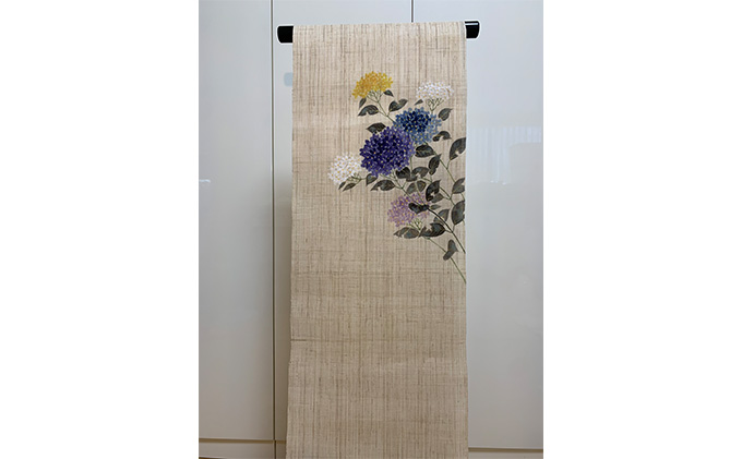 名古屋帯　麻　3種類の紫陽花柄　お仕立て上がり　お単衣　絽　紗に