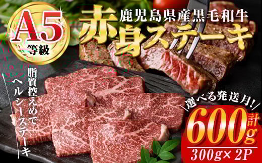 
＜配送時期が選べる＞鹿児島県産黒毛和牛(A5等級)赤身ステーキ 合計600g(300g×2パック) 赤身 ステーキ 牛肉【カミチク】A228-v01
