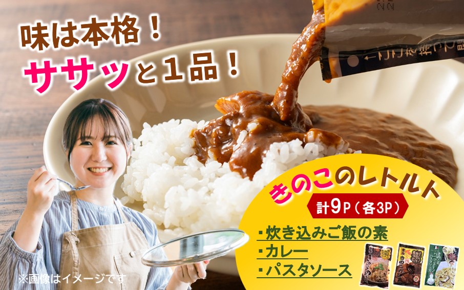 【選べる容量】大分きのこのレトルトセット（カレー、炊き込みご飯の素、パスタソース／各３P）合計9P 椎茸 しいたけ シイタケ 簡単 手軽 ストック_2651R-3