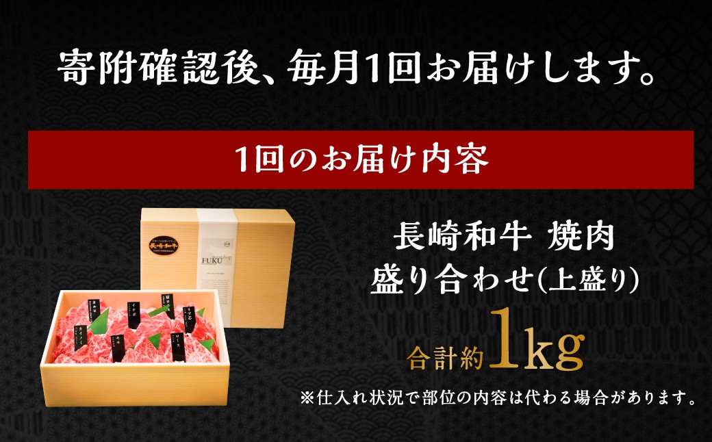 【全12回定期便】【A4～A5上ランク】長崎和牛焼肉盛り合わせ(上盛り)約1kg