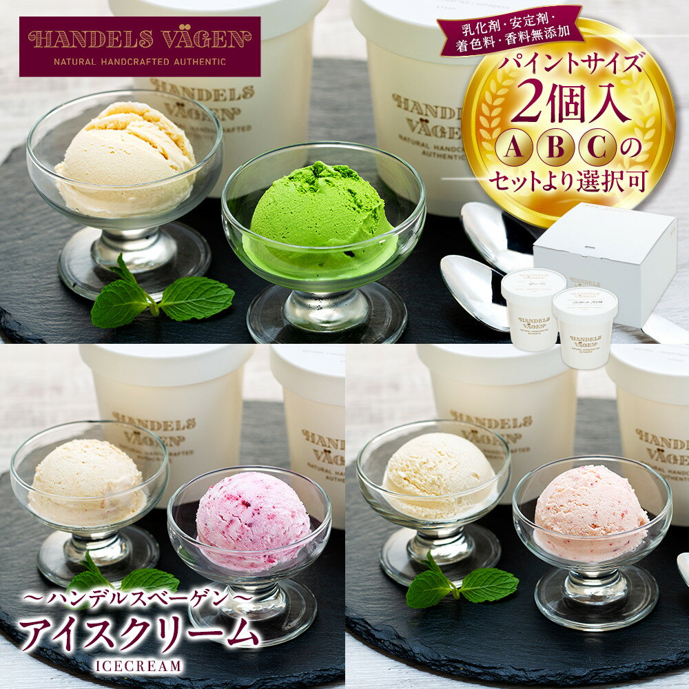 【ふるさと納税】ハンデルスベーゲン無添加アイスクリーム/たっぷり入ったパイントサイズ2個入り（A・B・Cのセットより選択可） | 人気 ギフト 濃厚 スイーツ 北海道牛乳 横浜市 詰め合わせ 高級 ミシュラン 無添加 パーティー 家族 大容量 バニラ 抹茶 キャラメル 苺