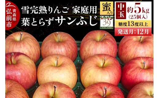 【26年12月発送】りんご 葉とらず サンふじ【家庭用】約5kg（25個入）中玉 糖度13度以上 蜜入り 雪完熟【数量限定】家庭用 自然 青森県 弘前市 果物 フルーツ 林檎 不揃い 規格外 先行受付 [先行予約 産地直送 アップル おいしい 果実 美味 甘い 赤色]
