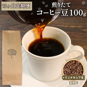 12ヶ月 定期便 コーヒー 豆 100g インドネシア 深煎り 自家焙煎 コーヒー豆 注文焙煎 ストレートコーヒー アイスコーヒー coffee エスプレッソ カフェオレ 朝食 岩手県 大船渡市