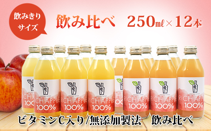 りんごジュース RICH APPLE　飲み比べ　12本セット（250ml×12本）【 飲料類 果汁飲料  】