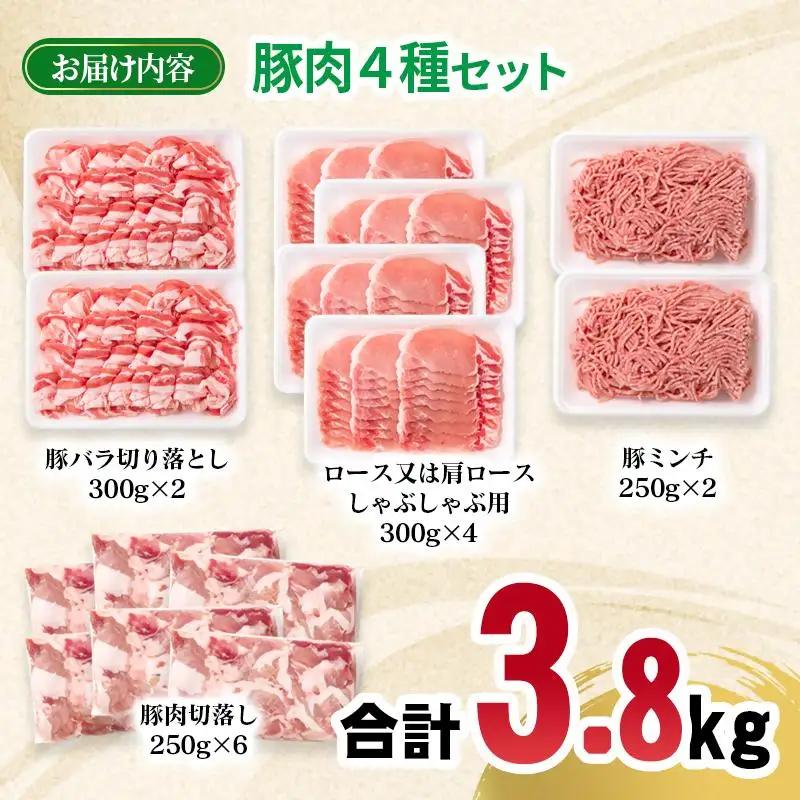 宮崎県産豚肉 4種 合計3.8kgセット 小分け 14パック バラ切り落とし ロース 切り落とし ミンチ＜70-27a＞
