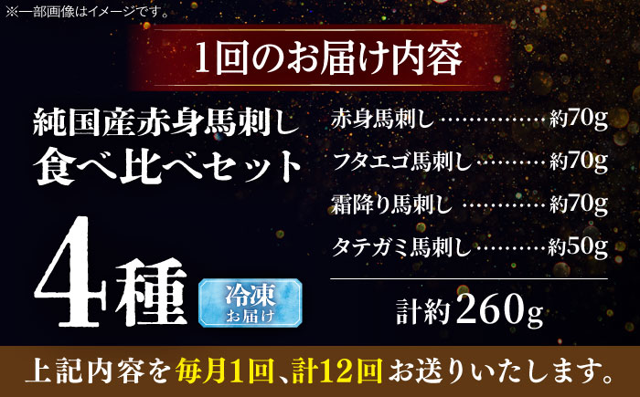 【全12回定期便】純国産馬 馬刺し食べ比べセット計約260g(赤身/約70g フタエゴ/約70g 霜降り/約70g タテガミ/約50g) / ばさし 馬刺 熊本馬刺し 熊本県 菊陽町【株式会社古閑ファ