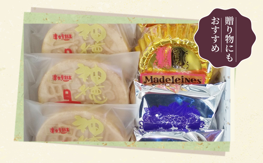 最中と洋菓子の詰合せ2 (神徳の最中・マドレーヌ・フルーツケーキ) もなか 最中 粒あん こし餡 マドレーヌ フルーツケーキ 洋菓子 和菓子 茶菓子 詰め合わせ ギフト 大分県産 九州産 津久見市 熨
