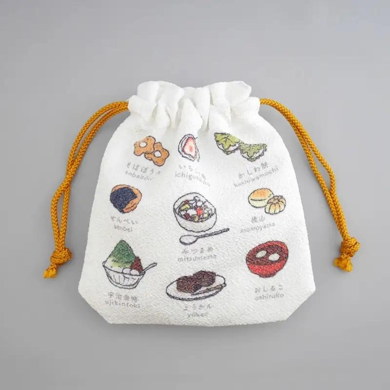 丹後ちりめん　にほんご巾着「wagashi（和菓子）」 サイズ：約13.5cm×17.5cm