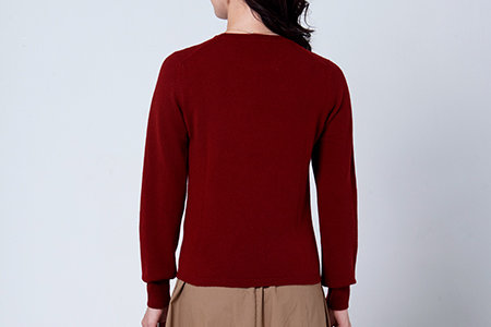 日本製 カシミヤ100% レディース クルーネック ワイン Lサイズ [2579]