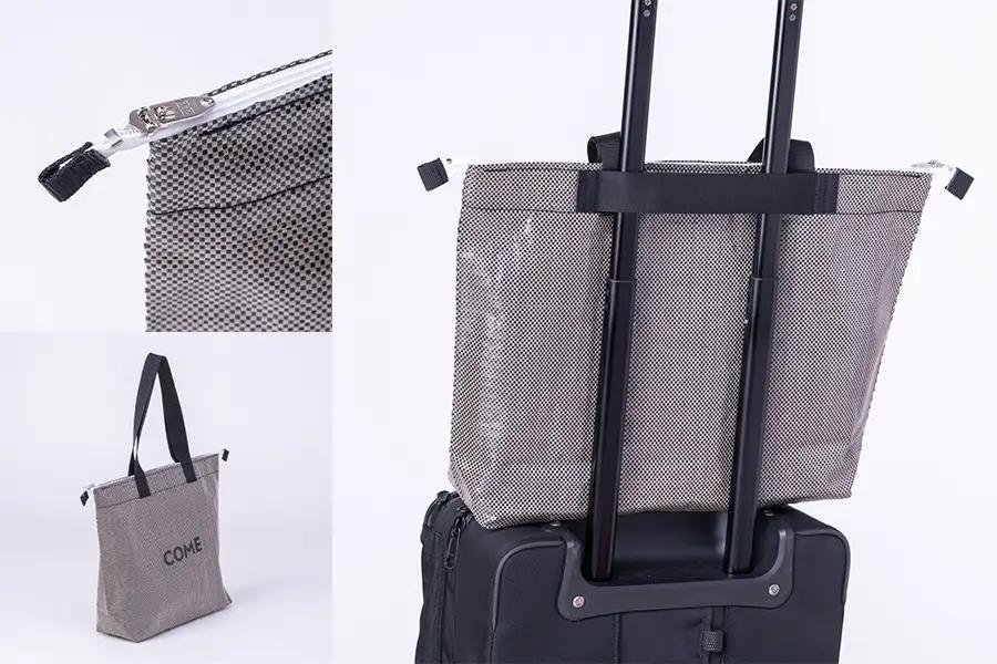 幸せをはこぶお米のふくろ　カムサックトラベルPP　ブラックシャンブレー/バッグ ばっぐ 米 米袋 PP こめ コメ 可愛い サステナブル 便利 大容量 内ポケット 手作業 北日本製袋 岩手県 矢巾町