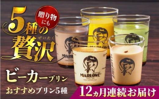 【全12回定期便】葉山ビーカープリン おすすめプリン180g×5個セット（かぼちゃ・エスプレッソ・抹茶・北海道フレッシュクリーム・チョコレート）ぷりん プリン定期 プリン詰め合わせ プリン 焼きプリン 5種 セット 卵 おやつ 葉山 人気の味 デザート スイーツ お菓子 食べ比べ ビーカー付き 贈り物 贅沢 人気 定期便 全12回【マーロウ】 [AKAF040]