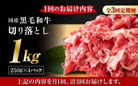【3回定期便】熊本県産 黒毛和牛 切り落とし 計約1kg (約250g×4P)【有限会社九州食肉産業】黒毛和牛 九州産 熊本県産 切り落とし 小分け  牛肉切り落とし 切り落とし定期 切り落とし定期便
