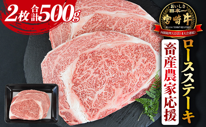 【畜産農家応援】＜宮崎牛 ロースステーキ 2枚 合計500g＞入金確認後、1か月程度で出荷【牛肉 黒毛和牛 ブランド牛 4等級以上 高級 国産 お取り寄せグルメ お祝い 特産品 ミヤチク 宮崎県 国富