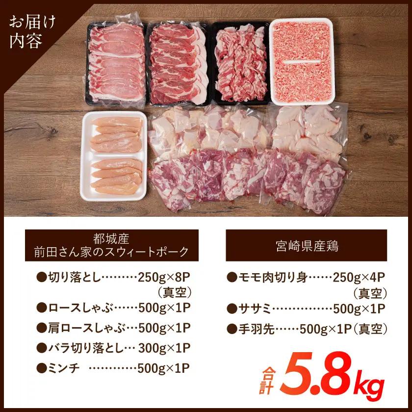 「前田さん家のスウィートポーク」&宮崎県産鶏肉バラエティ5.8kg〔22-8904〕_ (都城市) 豚肉と鶏肉のセット 旨味とコクのある甘い豚肉 ストック 便利 国産 バラエティセット とり肉 都城産