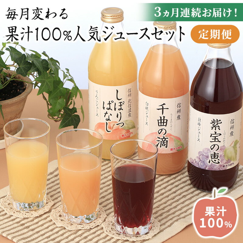 【ふるさと納税】3ヵ月連続お届け！毎月変わる果汁100％人気ジュースセット定期便【1回目】りんごジュース「しぼりっぱなし」 (1L×6本)【2回目】巨峰ジュース「紫宝の恵」(1L×4本)【3回目】白桃ジュース「千曲の滴」 (1L×4本)　長野市