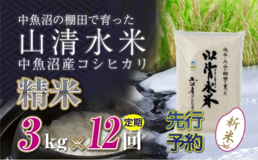 
                  【令和8年産 先行予約】【定期便／全12回】精米3kg 新潟県魚沼産コシヒカリ「山清水米」
                